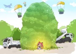 Rule 34 | 1girl, aircraft, airplane, animal ears, chibi, dump truck, eating, hairband, haru urara (umamusume), highres, horse ears, horse girl, horse tail, moko39 takasora, motor vehicle, pink eyes, pink hair, ponytail, solo, tail, truck, umamusume
