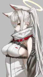 absurdres animal_ear_fluff animal_ears belt breasts cropped_torso dog_ears dog_girl ear_piercing grey_background halo highres jacket jindogod long_hair looking_at_viewer open_mouth orange_eyes original paw_earrings piercing red_belt sideboob simple_background solo standing twintails white_jacket