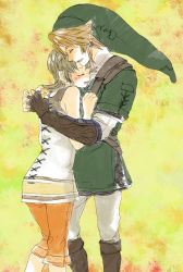1boy 1girl bad_id bad_pixiv_id blonde_hair blush brown_hair couple earrings closed_eyes fingerless_gloves gloves happy hat hetero hug ilia jewelry link nintendo pointy_ears smile the_legend_of_zelda the_legend_of_zelda:_twilight_princess yo_mo
