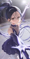 1girl absurdres arm_up black_dress black_gloves black_hair blush breasts chabi009 cleavage closed_mouth commentary cowboy_shot dress elbow_gloves figure_skating forehead gloves highres ice kamisaki_hikaru light_particles looking_at_viewer medalist_(manga) outstretched_arm outstretched_hand pantyhose ponytail see-through_cleavage see-through_clothes short_dress sleeveless sleeveless_dress small_breasts smile solo sparkle symbol-only_commentary white_pantyhose wind wind_lift yellow_eyes