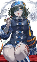 1girl bags_under_eyes belko black_nails blue_hair blue_headband breasts china_dress chinese_clothes colored_skin commission dress floral_print flower_tattoo green_hair grey_skin hair_over_one_eye headband highres holding holding_smoking_pipe indie_virtual_youtuber jiangshi leg_tattoo long_sleeves looking_at_viewer multicolored_hair nail_polish open_mouth patchwork_skin short_hair signature simple_background sitting skeb_commission smoke smoking_pipe solo tattoo twitter_username virtual_youtuber white_background yosumi_(vtuber)