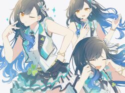 1girl belt black_hair black_skirt blue_hair bow bracelet closed_eyes clover earrings grey_background hair_bow hand_on_own_hip highres idol jewelry long_hair looking_at_viewer multicolored_hair multiple_views necktie one_eye_closed open_mouth pleated_skirt project_sekai shiraishi_an shirt simple_background skirt sleeveless smile sparkle vest white_shirt white_vest yellow_eyes yuki72611