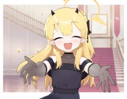 1girl alternate_costume black_choker black_dress black_gloves blonde_hair blue_archive border choker closed_mouth collarbone commentary demon_horns dress facing_viewer gloves halo highres horns ibuki_(blue_archive) lcz long_hair open_mouth outstretched_arms see-through_clothes see-through_gloves sleeveless sleeveless_dress solo stairs symbol-only_commentary teeth upper_body upper_teeth_only white_border yellow_halo