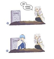 1boy 1girl absurdres black_pants capelet commentary elf english_commentary english_text frieren good_end grave green_eyes highres himmel_(sousou_no_frieren) hinghoi long_hair looking_at_another pants pointy_ears profanity resurrection short_hair sousou_no_frieren squatting tombstone twintails white_hair