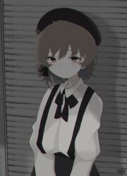 1girl :/ beret black_bow black_bowtie black_hat black_skirt bow bowtie brown_eyes brown_hair chromatic_aberration closed_mouth collared_shirt cowboy_shot dot_nose film_grain flat_color garage gradient_eyes grey_theme hat hatoba_tsugu highres long_sleeves looking_at_viewer mole multicolored_eyes mushoku_loli muted_color own_hands_together shirt skirt solo standing suspenders tsugu_(vtuber) virtual_youtuber white_shirt