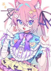 1girl :3 animal_ear_fluff animal_ears bandaged_arm bandages belt black_choker black_ribbon blue_eyes blush_stickers bone_hair_ornament bow bowtie cat_ears choker hair_between_eyes hair_intakes hair_ornament hair_ribbon hands_up highres long_hair looking_at_viewer morumoru_x nail_polish open_mouth original pink_belt pink_nails purple_bow purple_bowtie red_hair ribbon short_sleeves simple_background solo star_(symbol) star_hair_ornament upper_body white_background wrist_cuffs