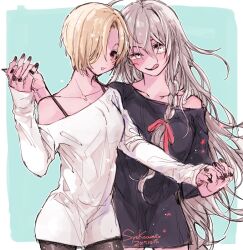 2girls ahoge amane_(7783) black_nails black_pantyhose blonde_hair border bra_strap braid collarbone commentary_request grey_hair hair_over_one_eye holding_hands hoshi_syoko idolmaster idolmaster_cinderella_girls interlocked_fingers long_hair long_sleeves multiple_girls nail_polish open_mouth outside_border pantyhose shirasaka_koume shirt short_hair side_braid single_off_shoulder sleeves_past_wrists white_border white_shirt yuri