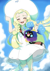 1girl :d absurdres bag blonde_hair blush closed_eyes cloud collared_dress commentary_request cosmog day dress duffel_bag eyelashes gen_7_pokemon hand_on_headwear happy hat highres hiyokko2min legendary_pokemon lillie_(pokemon) long_hair nintendo open_mouth outdoors pokemon pokemon_(creature) pokemon_sm sky smile socks sun_hat teeth upper_teeth_only white_dress white_hat white_socks