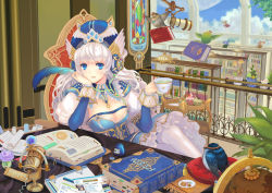 1girl arm_support bird blue_eyes book bookmark bookshelf breasts carrying chair cloud crossed_legs cup cupcake day desk dress flower flower_pot food globe hat headphones inkwell large_breasts long_hair pillow pixiv pixiv-tan quill sitting sky stained_glass tea teacup teddy_yang telescope thighhighs white_hair white_thighhighs xiaji