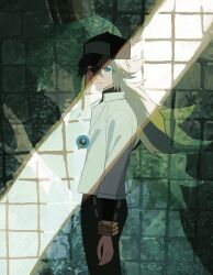 Rule 34 | 1boy, baseball cap, black pants, black undershirt, blue eyes, bracelet, checkered background, closed mouth, collared shirt, curled fingers, green hair, grey background, hair between eyes, hat, highres, jewelry, long hair, looking at viewer, male focus, n (pokemon), necklace, nintendo, pants, pokemon, pokemon bw, ponytail, shirt, solo, standing, upper body, white shirt, zero (sleepy meltan)