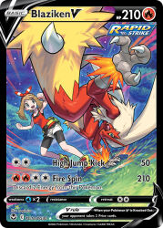 1girl :d artist_name bike_shorts bike_shorts_under_shorts black_shorts blaziken blue_eyes brown_hair card_(medium) character_name claws clenched_hands colored_sclera company_name copyright_name copyright_notice dynamic_pose english_text eyelashes fanny_pack fire gen_3_pokemon grass grey_eyes hairband may_(pokemon) medium_hair nagimiso nintendo official_art open_mouth outdoors pokemon pokemon_(creature) pokemon_card pokemon_oras pokemon_tcg red_hairband red_shirt red_tank_top shirt shoes shorts sleeveless sleeveless_shirt smile tank_top teeth third-party_source trading_card tree upper_teeth_only white_shorts yellow_sclera yellow_shoes