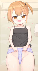 1girl animal_print black_shirt blush brown_eyes brown_hair clothes_writing collarbone crotch_seam fang flat_chest floral_print heart lamp loli looking_at_viewer open_mouth original panties ponytail print_panties purple_panties self_wedgie shirt shooko short_hair side_ponytail smile standing steam sweat tank_top underwear unicorn_print wedgie