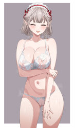 1girl bare_shoulders blush border bra breasts brown_hair cleavage closed_eyes collarbone commission cowboy_shot elu_(nijisanji) facing_viewer frills fuooooo gluteal_fold grey_background grey_hair groin hair_ornament hairband highres large_breasts lingerie looking_at_viewer navel nijisanji nipples open_mouth panties pixiv_commission pointy_ears pussy see-through_clothes short_hair simple_background smile solo standing stomach thigh_gap thighs underwear underwear_only white_border white_bra white_panties