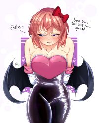 Rule 34 | 1girl, absurdres, bare shoulders, black pantyhose, black wings, blush, bow, breasts, brown hair, collarbone, cowboy shot, demon wings, doki doki literature club, english text, hair between eyes, hair bow, heart, highres, large breasts, onyxvoyd, open mouth, pantyhose, pink hair, red bow, rouge the bat, sayori (doki doki literature club), short hair, solo, sonic (series), white background, wings