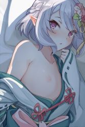 1girl blush breasts elf eyebrows_hidden_by_hair eyes_visible_through_hair female_focus flower green_kimono hair_between_eyes hair_flower hair_ornament japanese_clothes kimono kokkoro_(new_year)_(princess_connect!) kokkoro_(princess_connect!) long_sleeves looking_at_viewer mobu nipples off_shoulder open_mouth pink_eyes pointy_ears princess_connect! silver_hair small_breasts solo