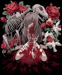 1girl animal_skeleton bad_id bad_twitter_id barefoot between_legs bird blood blood_on_face blood_on_hands blood_splatter bloody_tears bug centipede completely_nude covering_own_mouth dove floral_background flower full_body guro hand_between_legs hand_up heart injury long_hair looking_down maggot meremero nude original red_eyes red_flower red_rose rose sitting solo wariza