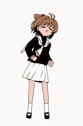 Rule 34 | 1girl, :3, = =, animated, animated gif, antenna hair, black shirt, black shoes, blouse, brown hair, cardcaptor sakura, clenched hands, closed eyes, closed mouth, dancing, dot nose, facing viewer, film grain, floating hair, full body, grey background, hair bobbles, hair intakes, hair ornament, kinomoto sakura, legs apart, light blush, long sleeves, looping animation, mary janes, neckerchief, odayaka, parted lips, pleated skirt, sailor collar, school uniform, serafuku, shirt, shoes, short hair, simple background, skirt, sleeve cuffs, smile, socks, solo, standing, tomoeda elementary school uniform, tomoeda middle school uniform, turtleneck, two side up, u u, white neckerchief, white sailor collar, white skirt, white socks