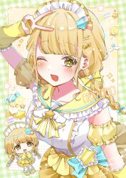 +_+ 1girl ;d absurdres arm_warmers blonde_hair bow braid breasts candy candy_hair_ornament character_name chibana_sora chibi chibi_inset commentary_request detached_sleeves fang food food-themed_hair_ornament frilled_shirt_collar frills fujita_kotone gakuen_idolmaster hair_bow hair_ornament highres idolmaster lollipop looking_at_viewer maid_headdress one_eye_closed open_mouth sailor_collar shoes simple_background skin_fang skirt smile star_(symbol) star_hair_ornament star_sticker sticker_on_face twin_braids twintails upper_body v v_over_head yellow_arm_warmers yellow_bow yellow_eyes yellow_sailor_collar yellow_shoes yellow_skirt yellow_sleeves
