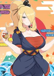 1girl absurdres artist_logo black_eyes blonde_hair blue_hakama blue_kimono blush breasts cleavage closed_mouth commentary cynthia_(pokemon) fur-trimmed_sleeves fur_trim hair_ornament hair_over_one_eye hair_stick hakama high_ponytail high_side_ponytail highres hisuian_poke_ball holding japanese_clothes kaos_art kimono large_breasts logo long_hair looking_at_viewer nintendo official_alternate_costume official_alternate_hairstyle one_eye_covered poke_ball pokemon pokemon_(anime) pokemon_journeys ponytail sarashi short_sleeves sidelocks smile solo