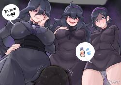 1boy 3girls artsheops black_dress blush bottle breasts closed_mouth corset cowboy_shot dress earrings from_below hair_between_eyes hairband hex_maniac_(pokemon) hex_maniac_(pokemon_legends:_z-a) hex_maniac_(prototype)_(pokemon) highres indoors jewelry large_breasts long_hair medium_breasts milk_bottle moomoo_milk multiple_girls nail_polish nintendo panties pokemon pokemon_legends:_z-a pokemon_xy pokemon_xy_(prototype) purple_dress short_dress short_hair smile speech_bubble standing text_focus turtleneck underwear