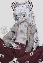 1girl bandaged_chest bandaged_hand bandaged_torso bandages bandaid bandaid_on_face blood bloody_tears bow cigarette expressionless eyepatch flat_chest fujiwara_no_mokou grey_background grey_shirt hair_bow hair_ribbon highres holding holding_cigarette long_hair long_sleeves medical_eyepatch navel open_clothes open_shirt pants red_eyes red_pants ribbon shirt sitting solo touhou twitter_username very_long_hair watage_milktea white_hair