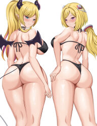 2girls absurdres aki_rosenthal armanditto ass back bad_link bare_shoulders bikini black_bikini blonde_hair blue_eyes blush bob_cut breasts cowboy_shot demon_horns demon_tail demon_wings detached_hair gradient_hair hair_ornament hand_on_own_hip headgear highres hololive horn_ornament horn_ring horns large_breasts light_smile long_hair looking_at_viewer looking_back low_twintails medium_hair multicolored_hair multiple_girls orange_hair parted_bangs parted_lips pink_hair pointy_ears ponytail purple_eyes shoulder_plates streaked_hair swept_bangs swimsuit tail thighs twintails virtual_youtuber white_background wings yuzuki_choco