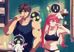 Rule 34 | bathroom, biceps, black panties, black sports bra, breasts, brown hair, brushing teeth, cleavage, colored inner hair, guilty gear, guilty gear strive, highres, holding, holding toothbrush, jack-o&#039; valentine, knight servant, lancer servant, magician servant, multicolored hair, muscular, muscular male, panties, red eyes, red hair, sol badguy, sports bra, tank top, toothbrush, toothbrush in mouth, toothpaste, ume (okum 00), underwear