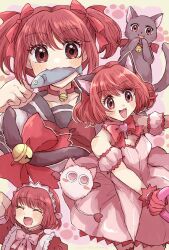 Rule 34 | 1girl, :3, animal ears, bell, blueskytake, bow, breasts, cafe mew mew uniform, cat, cat ears, cat girl, cat tail, choker, commentary request, creature, detached sleeves, dress, feral instincts, fish, gloves, highres, magical girl, masha (tokyo mew mew), mew ichigo, momomiya ichigo, momomiya ichigo (cat), multiple views, open mouth, pink choker, pink eyes, pink hair, puffy detached sleeves, puffy sleeves, red gloves, short hair, smile, strawbell bell, tail, tail bell, tail bow, tail ornament, tokyo mew mew, tokyo mew mew new
