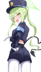 1girl :d absurdres aoto_mei armband black_jacket black_shorts blue_archive blue_armband blush clothing_cutout commentary_request demon_tail fang from_behind gloves green_hair green_halo halo hand_on_own_ass hat highres jacket long_hair long_sleeves looking_at_viewer looking_back nozomi_(blue_archive) open_mouth pantyhose pantylines partial_commentary peaked_cap pointy_ears short_shorts shorts simple_background skin_fang smile solo tail tail_through_clothes twintails white_background white_gloves white_pantyhose yellow_eyes