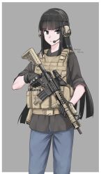 Rule 34 | 1girl, absurdres, ammunition pouch, assault rifle, black eyes, black hair, blue pants, blunt bangs, brown shirt, bulletproof vest, commission, gloves, gun, headset, highres, hime cut, holding, holding gun, holding weapon, long hair, m4 carbine, nguyen tam lee, original, pants, pixiv commission, pouch, rifle, shirt, short hair, solo, tactical clothes, very long hair, weapon