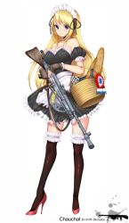 1girl alcohol armband automatic_rifle baguette basket bipod black_dress blonde_hair bottle bread chauchat choker dress female_focus fingerless_gloves food france french_flag full_body garter_straps gloves gun high_heels highres light_machine_gun long_hair looking_at_viewer machine_gun maid maid_headdress original purple_eyes red_shoes rifle shoes smile solo standing strapless strapless_dress thighhighs tonaitoo twitter_username weapon wine