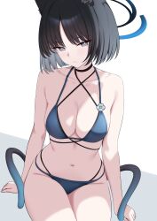 1girl animal_ears bakeneko bikini black_eyes black_hair black_tail blue_archive blue_bikini blue_halo blue_tail bright_pupils cat_ears cat_girl cat_tail closed_mouth criss-cross_halter criss-cross_straps espada_gcon gradient_tail halo halterneck highres kikyou_(blue_archive) kikyou_(swimsuit)_(blue_archive) layered_bikini looking_at_viewer multi-strapped_bikini_bottom multiple_tails official_alternate_costume short_hair simple_background solo swimsuit tail two_tails white_background white_pupils