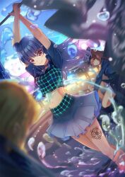 Rule 34 | 3girls, birthday, blonde hair, blue hair, breasts, commentary, flag, guilty kiss (love live!), hair bun, hat, highres, holding, holding flag, leg tattoo, long hair, love live!, love live! sunshine!!, macken666, midriff, multiple girls, navel, ohara mari, red eyes, red hair, sakurauchi riko, single side bun, small breasts, tattoo, tsushima yoshiko, water