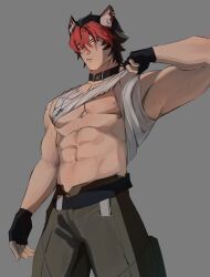 1boy abs animal_ears black_choker cargo_pants choker dog_boy ear_piercing fingerless_gloves gloves highres jewelry komano_manato large_pectorals looking_at_viewer male_focus multicolored_hair multiple_scars muscular muscular_male necklace open_clothes open_shirt pants pectorals piercing red_eyes scar scar_on_face shirt short_hair simple_background solo white_shirt zenless_zone_zero