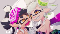 +_+ black_dress black_hair breasts callie_(splatoon) callie_(squid_sisters_outfit)_(splatoon) character_name chichi_band cleavage commentary detached_collar dress earrings fang fangs food food_on_head gloves grey_hair grin half-closed_eyes hand_on_another&#039;s_face heart holding_hands incest inkling interlocked_fingers jewelry large_breasts long_hair marie_(splatoon) marie_(squid_sisters_outfit)_(splatoon) mole mole_under_eye nintendo object_on_head open_mouth pointy_ears short_hair smile splatoon_(series) splatoon_1 strapless strapless_dress sushi swept_bangs tentacle_hair white_gloves yellow_eyes yuri
