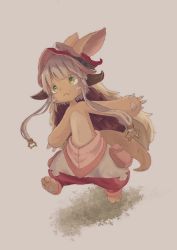 1other animal_ears child closed_mouth commentary_request full_body furry hat horizontal_pupils l_rmn6 long_hair made_in_abyss nanachi_(made_in_abyss) outstretched_arms rabbit_ears solo stomach topless_other walking white_hair yellow_eyes