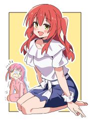 2girls alternate_costume arms_at_sides barefoot blue_skirt blush bocchi_the_rock! border bow breasts choker commentary_request full_body gotoh_hitori highres jacket kita_ikuyo long_hair looking_at_viewer multiple_girls noyama_takenoko one_side_up open_mouth pencil_skirt pink_hair pink_jacket pink_track_suit red_hair seiza shirt short_sleeves simple_background sitting skirt small_breasts smile track_jacket track_suit trembling waist_bow white_border white_bow white_shirt yellow_background yellow_eyes
