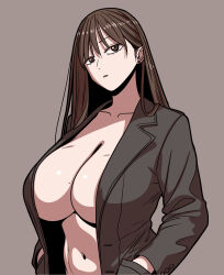 1girl absurdres beautiful_gunbari black_jacket breasts brown_eyes brown_hair cleavage earrings greenb hands_in_pockets highres jacket jewelry jung_su-a large_breasts long_hair looking_at_viewer mole mole_on_breast navel open_clothes open_jacket simple_background solo standing stud_earrings