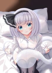 1girl absurdres bed_sheet black_bow black_hairband black_thighhighs blush bow bow_hairband breasts closed_mouth collared_shirt commentary_request feet_out_of_frame ghost green_eyes grey_hair hairband highres konpaku_youmu konpaku_youmu_(ghost) long_sleeves looking_at_viewer medium_breasts no_pants on_bed pillow reimei_(r758120518) shirt short_hair smile solo thighhighs touhou white_shirt