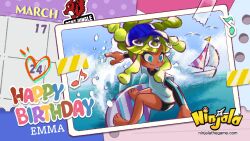 1girl aqua_eyes aqua_stripes bare_legs barefoot bird black_sleeves black_wetsuit blue_hairband blue_pupils blue_sky blunt_bangs boat bodysuit calendar_(object) character_name closed_mouth commentary copyright_name copyright_notice dark-skinned_female dark_skin diving_suit dreadlocks eighth_note emma_(ninjala) english_commentary english_text eyelashes hairband happy_birthday heart highres kinky_hair logo long_sidelocks long_sleeves march masking_tape musical_note ninjala nose o-ring ocean official_art outdoors outline photo_(object) purple_outline purple_stripes rianti-wong sail seagull shirt sidelocks sky smile solo sticker surfboard surfing toes water_drop watercraft watermark web_address wetsuit white_shirt white_sleeves