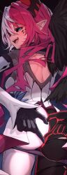 1girl 4-finger_heart_hands :d absurdres arms_behind_back ass back_cutout black_gloves black_pants black_sclera black_wings blue_eyes breasts clothing_cutout colored_sclera commentary demon_girl demon_horns detached_sleeves facial_mark feathered_wings from_behind getto gloves hair_between_eyes half_mask heart heart_hands highres hololive hololive_english horns irys_(hololive) long_hair looking_at_viewer looking_back mask median_furrow medium_breasts multicolored_hair open_mouth pants pointy_ears red_hair shirt shoulder_blades simple_background single_wing slit_pupils smile solo split-color_hair symbol-only_commentary two-tone_pants very_long_hair virtual_youtuber white_hair white_pants white_shirt wings