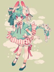 1boy absurdres animal_ears bloomers bow child cloud crossdressing dress fang food food-themed_hair_ornament frills fruit green_background green_bow green_dress green_hair green_shirt green_shoes hair_bow hair_ornament high_heels highres ice_cream ice_cream_hair_ornament male_focus medium_dress mouse_boy mouse_ears multiple_hair_bows original ozureiji pink_dress puffy_short_sleeves puffy_sleeves pumps red_bow red_eyes red_nails shirt shoes short_sleeves simple_background sitting skin_fang skirt solo striped_bow striped_clothes striped_skirt thigh_strap trap underwear wariza white_bloomers white_bow wrist_cuffs