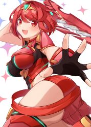 1girl absurdres ass blush breasts chest_jewel core_crystal_(xenoblade) cowboy_shot from_behind highres holding holding_sword holding_weapon large_breasts mikan_(mika_n95) pyra_(xenoblade) red_eyes red_hair red_shorts short_hair short_shorts shorts simple_background solo sword tiara weapon white_background xenoblade_chronicles_(series) xenoblade_chronicles_2