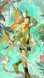 1girl absurdres amiya_(arknights) amiya_(seedsower)_(arknights) arknights backpack bag baseball_cap black_socks blue_eyes brown_hair bubble ears_through_headwear full_body green_shoes hand_on_headwear hat highres holding holding_hose hose jacket jewelry medium_hair neckerchief necklace official_alternate_costume open_clothes open_jacket open_mouth orange_neckerchief pouch see-through_bag see-through_clothes shoes smile sneakers socks solo thigh_pouch thigh_strap waaaaaaaaking water white_hat white_jacket