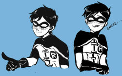 1boy batman_(series) black_hair blush cape dc_comics dick_grayson gloves male_focus mask monochrome robin_(dc) senshu solo superhero_costume sweat upper_body young_justice