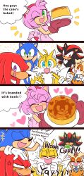 4koma amy_rose anger_vein apron blush celebration chaos_emerald child comic cooking cream_the_rabbit dress food gloves highres knuckles_the_echidna loli pancake sega shadow_the_hedgehog smile sonic_(series) sonic_the_hedgehog tails_(sonic) yotsumeddd