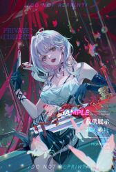 1girl black_gloves black_skirt blood breasts bug butterfly cake changmao choker cleavage earrings elbow_gloves food fork gloves highres holding holding_fork holding_knife insect jewelry knife long_hair looking_at_viewer open_mouth original shirt sitting skirt solo white_hair white_shirt