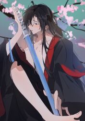 1boy ahoge alternate_hairstyle bare_pectorals barefoot bishounen black_eyes black_hair black_hanfu blurry blurry_background blush branch cherry_blossoms chinese_clothes collarbone flower hair_down hair_over_one_eye hanfu highres holding holding_sword holding_weapon implied_yaoi jian_(weapon) knee_up licking licking_weapon long_hair long_sleeves male_focus manjuyawaraka modao_zushi nipples non-web_source off_shoulder open_clothes open_mouth open_robe pectorals pink_flower robe saliva saliva_trail sheath sheathed sidelocks single_bare_leg single_bare_shoulder sitting solo sweat sword sword_tassel tassel tongue tongue_out weapon wei_wuxian wide_sleeves