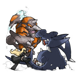 2girls bertha_(pokemon) black_footwear black_jacket black_pants black_sclera blacknirrow blonde_hair brown_scarf claws colored_sclera cynthia_(pokemon) from_behind garchomp gen_4_pokemon grey_hair ice ice_punch_(pokemon) jacket long_hair midair multiple_girls nintendo open_clothes open_jacket outstretched_arm pants pointing pokemon pokemon_(creature) pokemon_battle pokemon_dppt pokemon_move red_eyes rhyperior scarf sharp_teeth simple_background standing teeth white_background yellow_eyes
