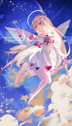 Rule 34 | 1girl, barefoot, blonde hair, collarbone, commentary, commission, dress, english commentary, fairy, fairy wings, halo, highres, long hair, long sleeves, off-shoulder dress, off shoulder, oito (bowstringsmall), open mouth, original, pointy ears, red eyes, shooting star, skeb commission, solo, star (symbol), toes, twitter username, very long hair, watermark, white dress, wings